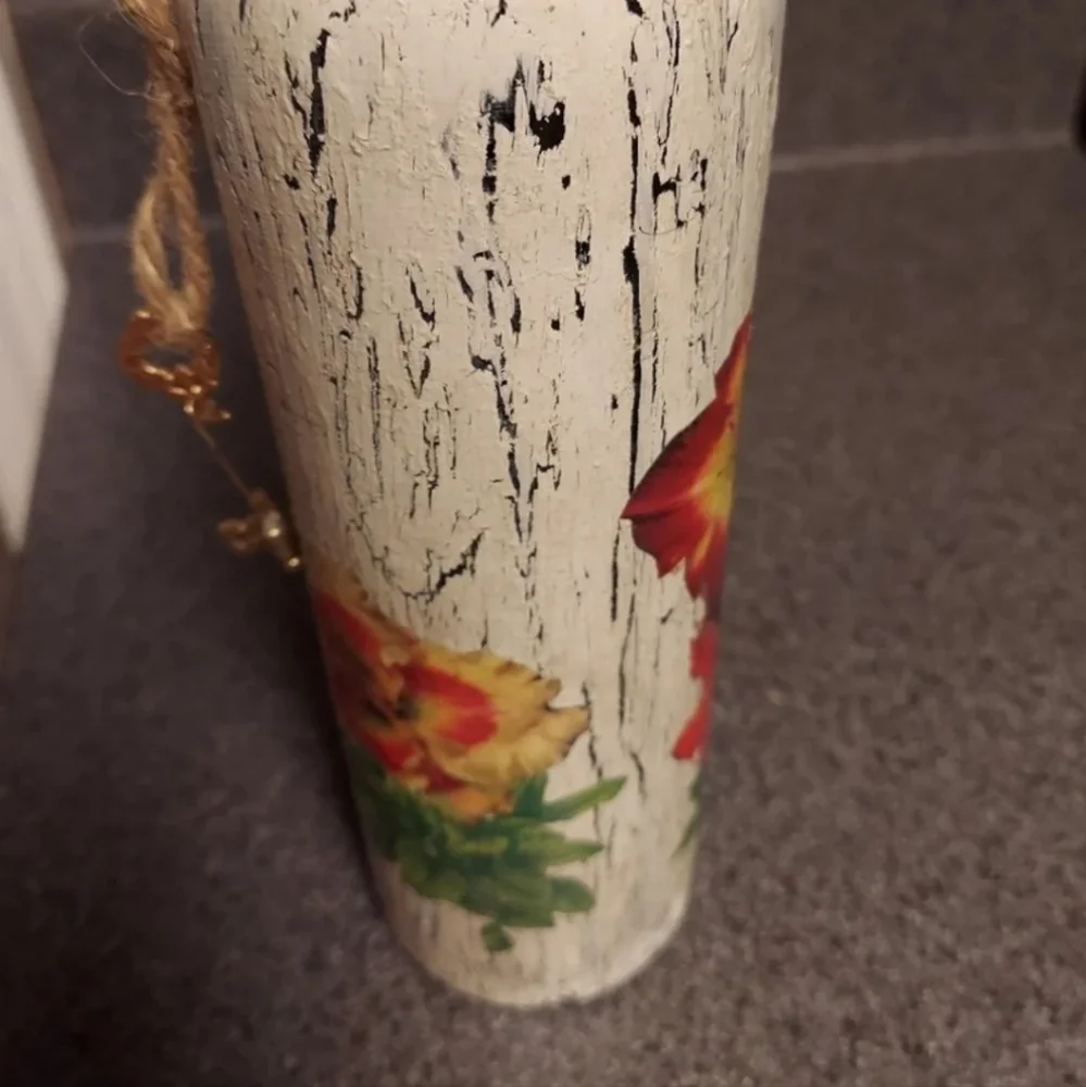 Hand Crafted Decoupage Wine Bottle Vase with Key Charm - Unique! EDC